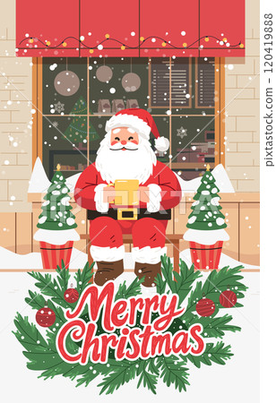 Santa Claus Christmas scene festive holiday. Santa holding a mug sitting outside a decorated shop with snow falling Christmas trees and ornaments 120419888