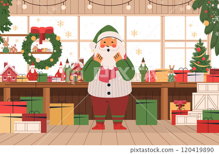 Santa Claus in festive workshop surrounded by gifts Christmas decorations and toys in cozy holiday setting with snowflakes and wreaths indoor scene 120419890
