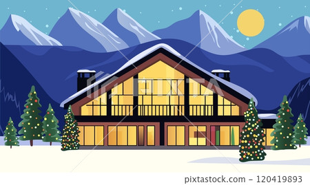Modern chalet in snowy mountain landscape with Christmas trees and moonlit sky. Warmly lit windows create a cozy atmosphere. Winter holiday theme 120419893