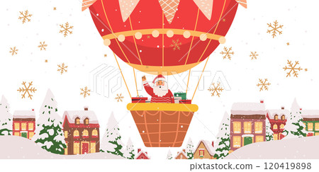 Santa Claus hot air balloon Christmas scene festive winter village snowflakes presents holiday design 120419898