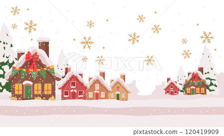 Christmas village snowy scene festive houses decorated with snowflakes pine trees in winter landscape holiday theme Christmas village snowy scene festive houses decorated with snowflakes pine trees in winter landscape holiday theme 120419909