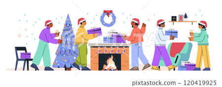 Christmas celebration with friends exchanging gifts festive scene with decorated tree fireplace and stockings cozy atmosphere holiday party theme 120419925