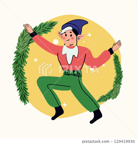 Elf dancing joyfully surrounded by greenery festive playful character in colorful attire with a yellow circular background decorative elements Elf dancing joyfully surrounded by greenery festive playful character in colorful attire with a yellow circular background decorative elements 120419930