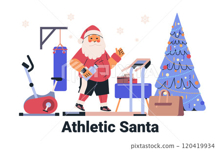 Santa exercising in gym festive theme. Santa in workout attire with exercise equipment Christmas tree presents. Fitness holiday concept Santa exercising in gym festive theme. Santa in workout attire with exercise equipment Christmas tree presents. Fitness holiday concept 120419934