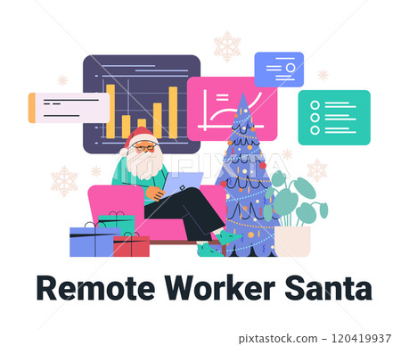 Santa working remotely holiday theme colorful charts presents Christmas tree cozy home office setting digital workspace 120419937