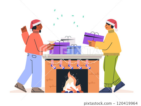 Christmas celebration friends exchanging gifts by fireplace festive atmosphere colorful presents holiday decor cozy winter scene home interior 120419964