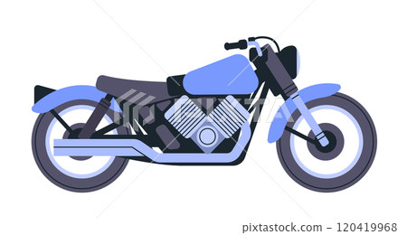 Motorcycle side view in blue tones showcasing sleek design and mechanical details on a white background. Ideal for website design or digital art 120419968