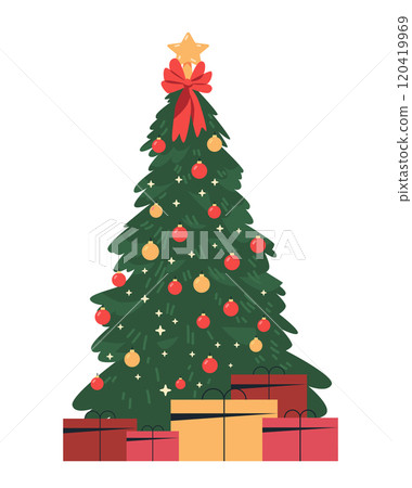 Christmas tree decorated with ornaments gifts. Festive holiday scene with red and gold baubles star topper presents on white background Christmas tree decorated with ornaments gifts. Festive holiday scene with red and gold baubles star topper presents on white background 120419969
