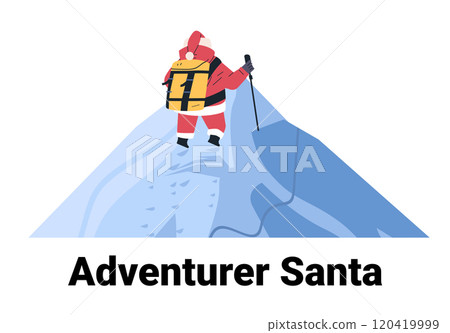 Santa climbing snowy mountain with backpack hiking gear winter adventure concept colorful minimalist design website banner 120419999