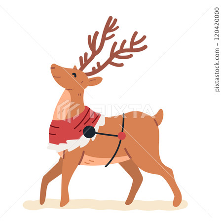 Reindeer wearing red harness walking confidently festive theme cartoon style isolated on white background digital art Reindeer wearing red harness walking confidently festive theme cartoon style isolated on white background digital art 120420000
