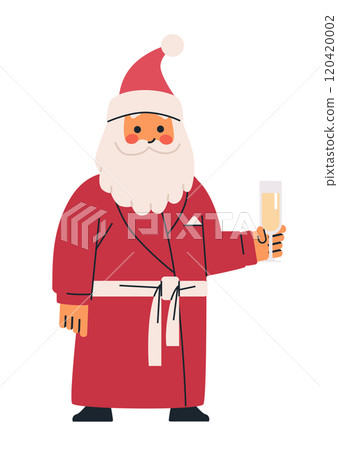 Santa Claus with champagne glass festive holiday celebration red suit white beard cheerful expression simple flat style isolated on white background 120420002