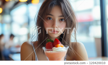 一位女士在咖啡館享用凍糕 120420010