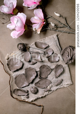 Creating Clay Flower: DIY ceramic Workshop Idea. Petals, buds prepared for crafting magnolia flower from dark clay on fabric. Dark textured background, ceramicist's tools, blooming magnolia. Top view. Creating Clay Flower: DIY ceramic Workshop Idea. Petals, buds prepared for crafting magnolia flower from dark clay on fabric. Dark textured background, ceramicist's tools, blooming magnolia. Top view. 120420098