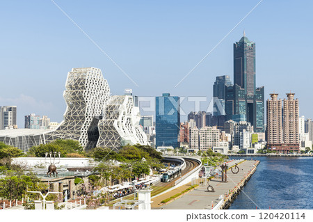 Overlooking view of the Pier-2 Art Center in the port of Kaohsiung, Taiwan. with the famous landmark Kaohsiung Music Center and 85 Sky Tower. 120420114