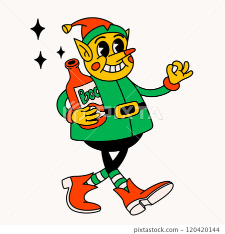 Drunk Santas Elf. Groovy vintage funny Elf character with bottle of wine. 120420144