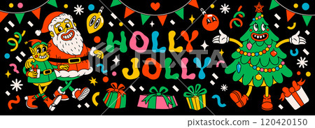 Groovy holly jolly banner with Santa Claus, Christmas tree, gifts, and other design elements in retro vintage cartoon style 120420150