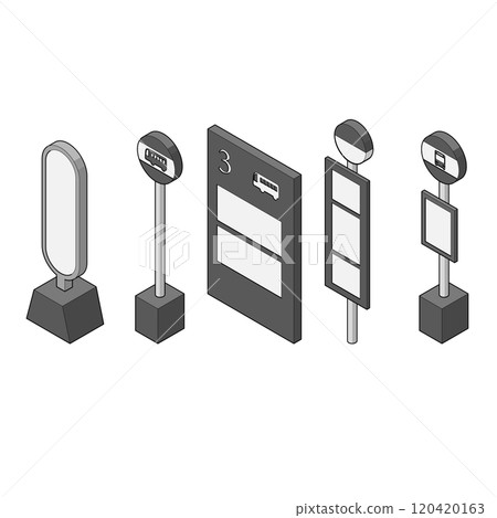 A set of illustrations of various bus stop signs. Monochrome, with main lines, isometric, left view. 120420163