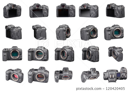 set of black professional mirrorless camera body isolated on white background 120420405