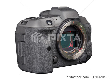 black professional mirrorless camera body isolated on white background 120420406