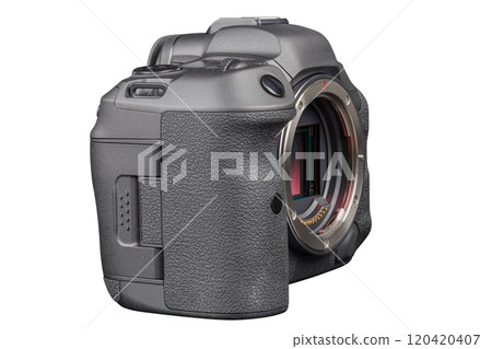 black professional mirrorless camera body isolated on white background 120420407