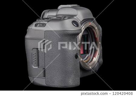 black professional mirrorless camera body isolated on black background 120420408