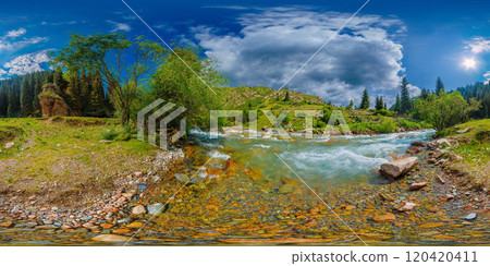 Spherical HDRi panorama of mountain river near coniferous forest at sunny summer day. 120420411