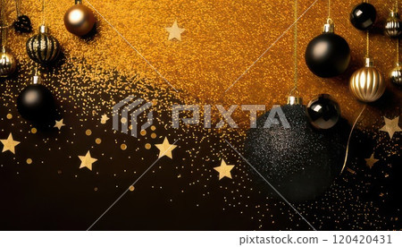 《AI Image》Black and gold background material decorated with glittering ornaments 120420431
