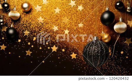 [AI圖像] 黑色和金色背景材料裝飾著閃閃發光的裝飾品 120420432