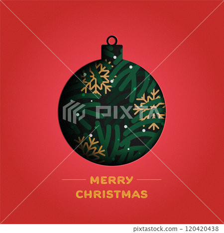 Holiday Christmas and winter season on red background. Christmas Ball decorated with pine leaves and snowflake. Paper art vector illustration. 120420438