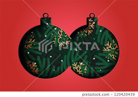 Holiday Christmas and winter season on red background. Christmas Ball decorated with pine leaves and snowflake. Paper art vector illustration. 120420439