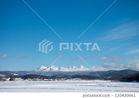 Snowy mountains and snow-covered rice fields on a sunny winter day 120420661