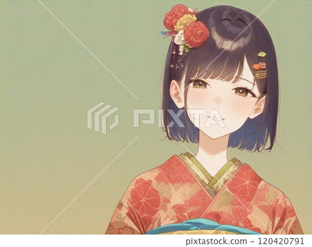 A modest smiling girl in a kimono 120420791