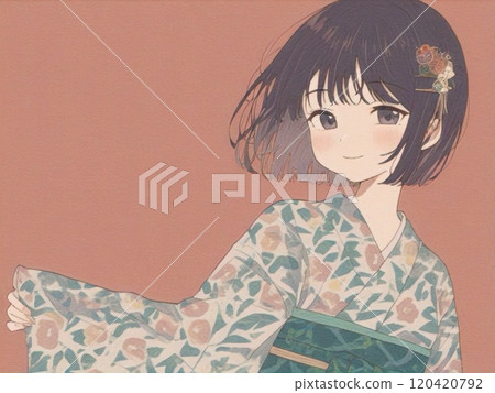 A girl with a bob haircut wearing a kimono 120420792