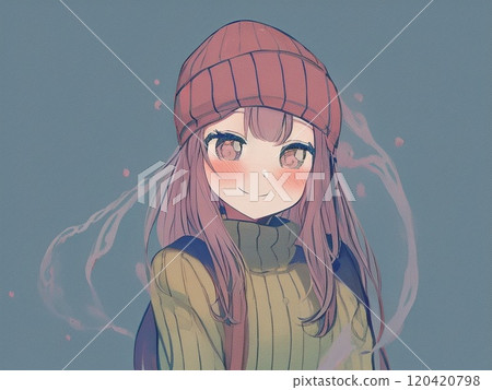 Shy girl wearing a knitted hat 120420798