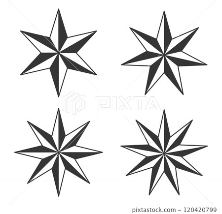 Nautical star icon symbol set. 6, 7, 8 and 9 horns nautical stars logo sign collection. Wind rose. Vector illustration. Isolated on white background. 120420799