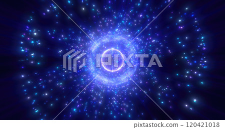 A glowing blue sphere surrounded by vibrant, swirling particles and energy waves, set against a deep, starry futuristic technology space and energy concepts backdrop 120421018