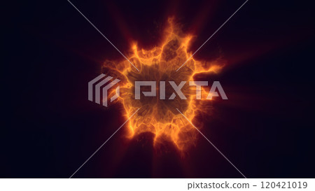 A fiery, orange glowing sphere with dynamic edges, radiating light and energy on a dark background, symbolizing intensity and strength 120421019