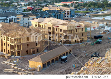 Wooden frames of new Florida apartment condos under construction. Development of residential housing in the USA 120421043