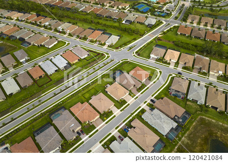 View from above of densely built residential houses in closed living clubs in south Florida. American dream homes as example of real estate development in US suburbs 120421084