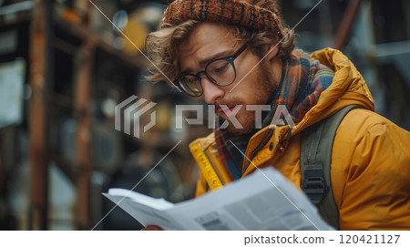 Young bearded traveler in glasses and warm yellow jacket reading a map outdoors in urban setting 120421127