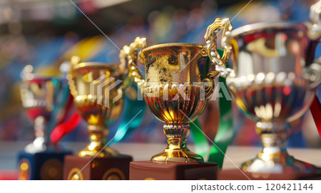 Close-up of golden and silver trophies with colorful ribbons in vibrant sports event atmosphere 120421144