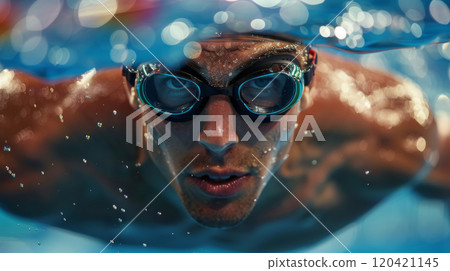 Close-up of focused swimmer wearing goggles underwater in vibrant pool environment 120421145