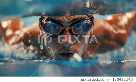 Intense swimmer wearing goggles underwater during training in vibrant pool setting 120421146