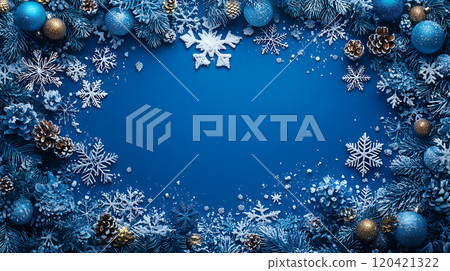 Festive winter background with blue ornaments, snowflakes, and pinecones, creating cheerful holiday atmosphere. Perfect for seasonal greetings and decorations 120421322