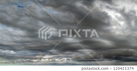 Stormy cumulus clouds forming during heavy thunderstorm on dark sky. Moving and changing cloudscape weather 120421374