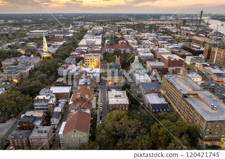 Savannah, Georgia. Historic American architecture of old historical city. USA Southern cityscape at sunset Savannah, Georgia. Historic American architecture of old historical city. USA Southern cityscape at sunset 120421745