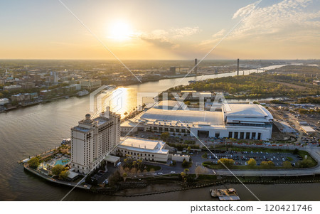 Savannah convention center in Savannah, Georgia. Waterfront American architecture. Southern USA cityscape at sunset Savannah convention center in Savannah, Georgia. Waterfront American architecture. Southern USA cityscape at sunset 120421746