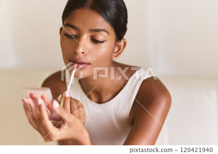 Woman Lip Care. Female Applying Lip Gloss with Mirror for Natural Beauty Look 120421940