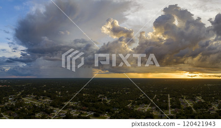 Landscape of dark ominous clouds forming on stormy sky during heavy thunderstorm over rural town area at sunset 120421943