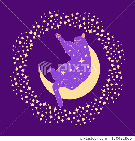 Mystical cat in boho style surrounded by stars, zodiac signs, balls, paw prints, silhouette collection. Esotericism and mysticism, occultism. Cartoon flat vector illustrations Mystical cat in boho style surrounded by stars, zodiac signs, balls, paw prints, silhouette collection. Esotericism and mysticism, occultism. Cartoon flat vector illustrations 120421960